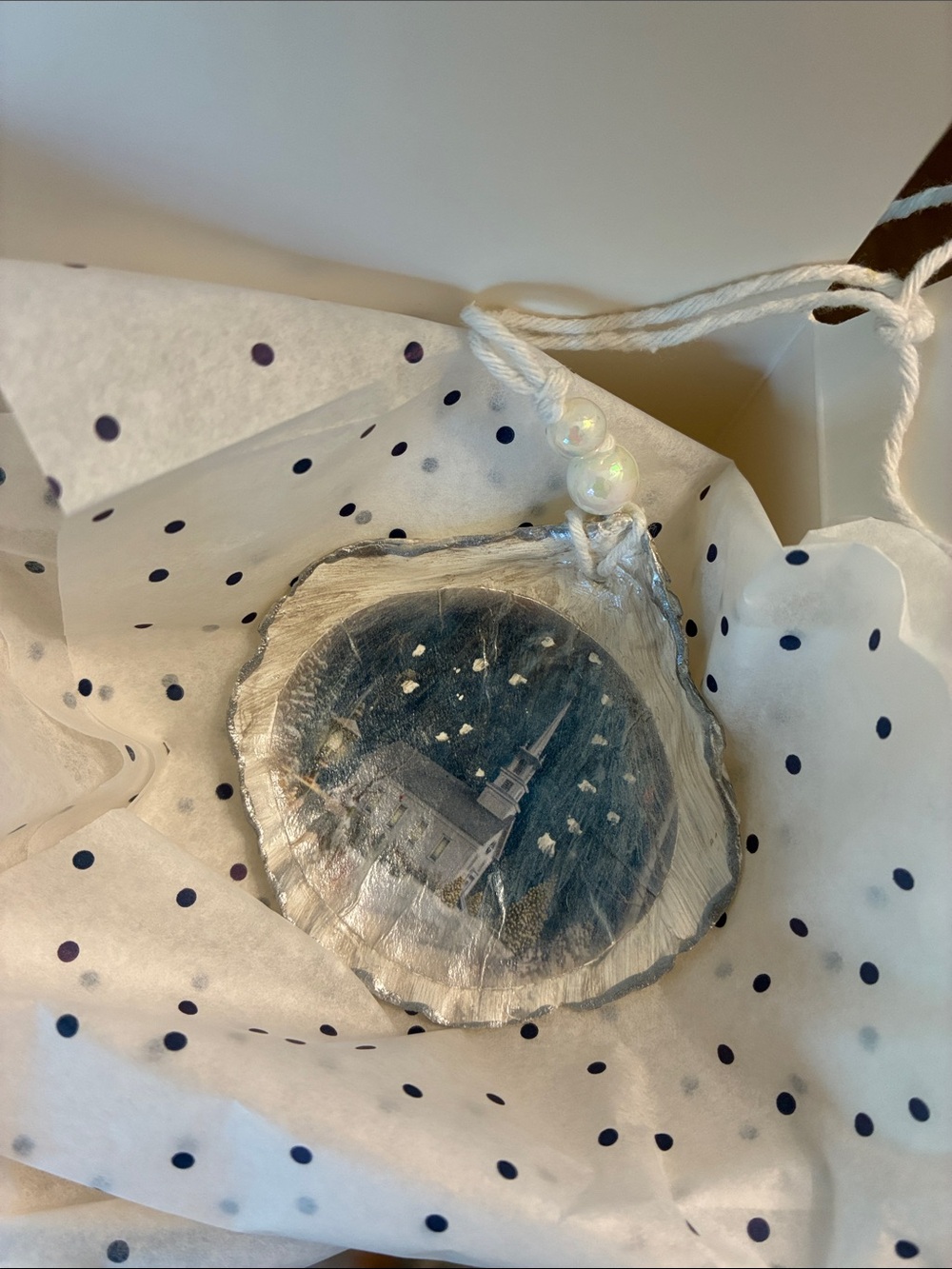 Decoupage and hand painted shell, Church Holiday Ornament in Silver and Blue